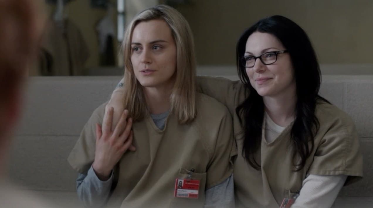 Piper and Alex sitting togetherer in the prison bunk room