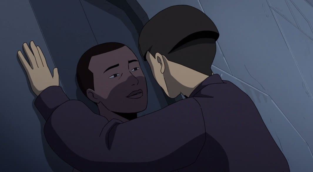 Two women are close to kissing, depicted in animation. They seem to be on a ship.