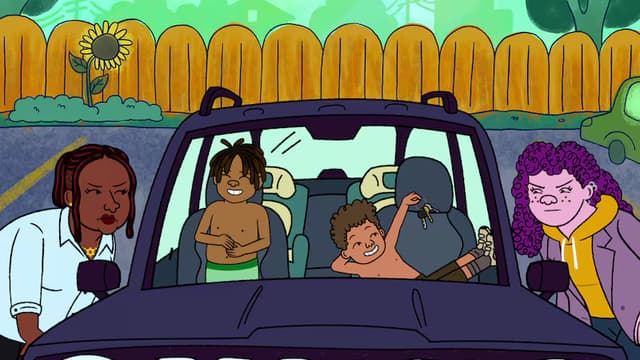 It's an screenshot of an animated TV Show. At the center there is a car, and two kids are inside it. On the sides to adult women (Shira and Kendra) are looking inside of the car angry.