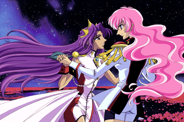 Anthy and Utena in the movie, dancing on the dueling ground.